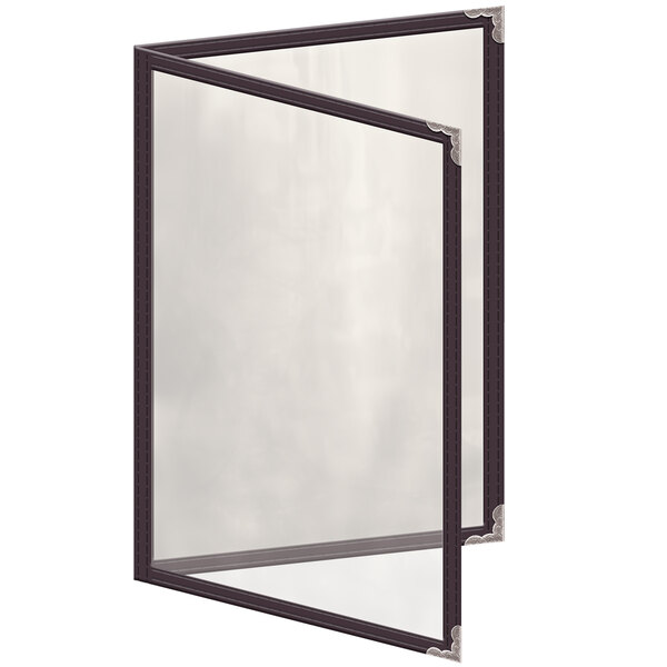 A rectangular brown menu cover with silver decorative corners.