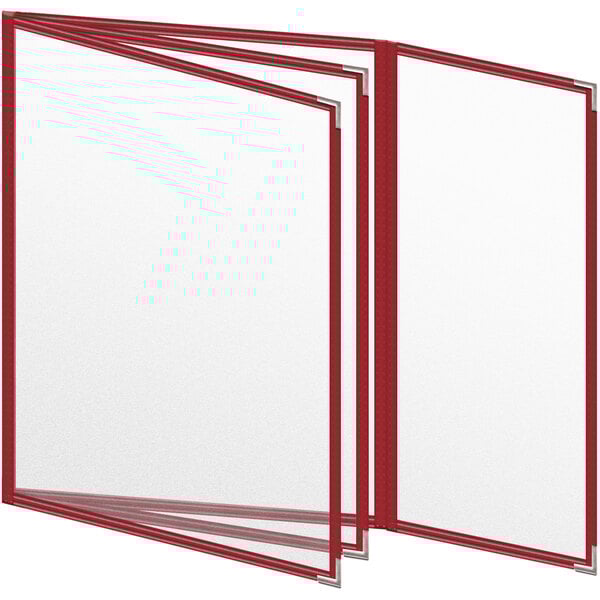 A red menu cover with white paper inside and silver corners.