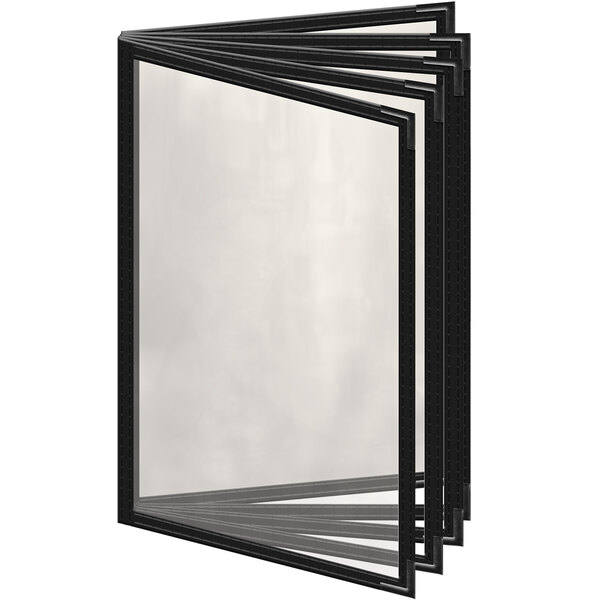 A black H. Risch, Inc. vinyl menu cover with glossy black corners and black trim with 10 clear views.