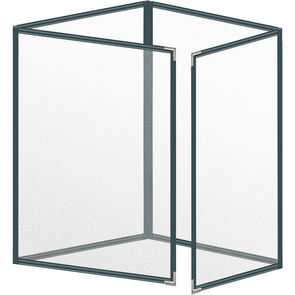 A white rectangular menu cover with black corners and a green border.