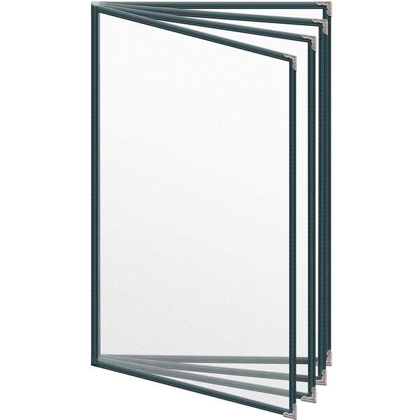 A white paper menu cover with silver decorative corners and blue strips on a white background.