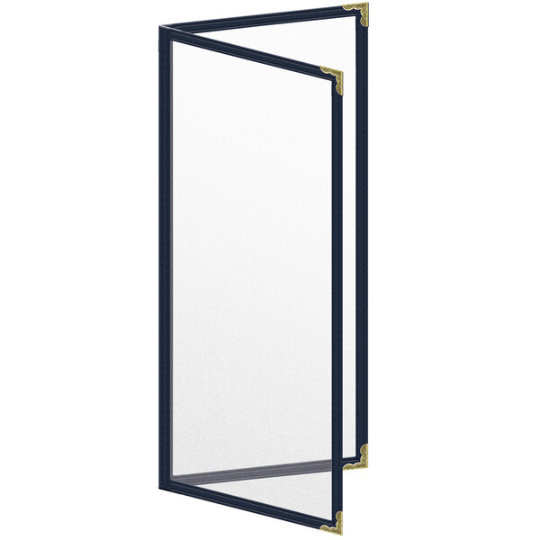 A white rectangular menu cover with a black border and gold decorative corners.