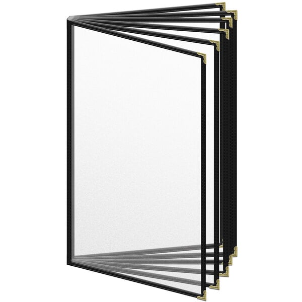 A stack of black H. Risch menu covers with gold corners on a white background.