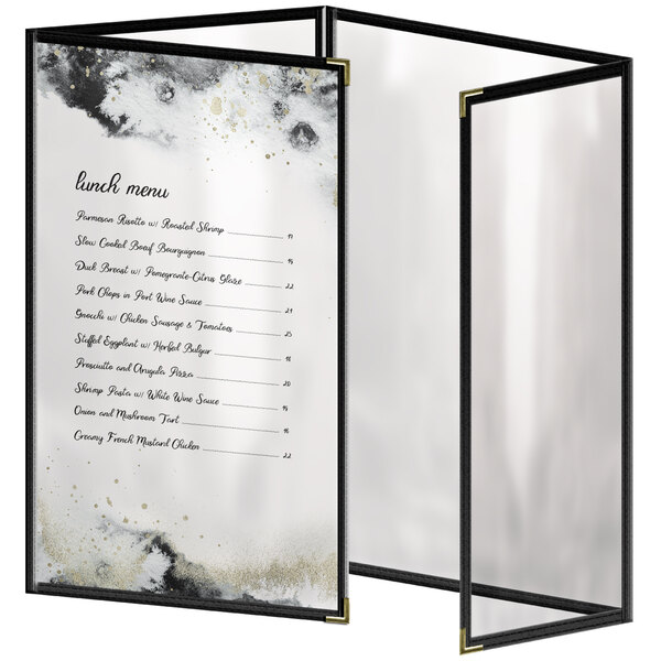 A black H. Risch, Inc. vinyl menu cover with black smooth corners and a matte finish with white interior.