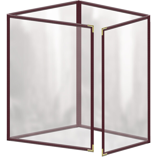 A maroon vinyl menu cover with gold corners and a gloss finish.