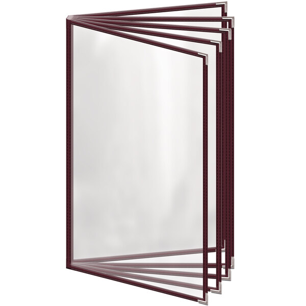 A maroon H. Risch, Inc. vinyl menu cover with clear glass folders inside.