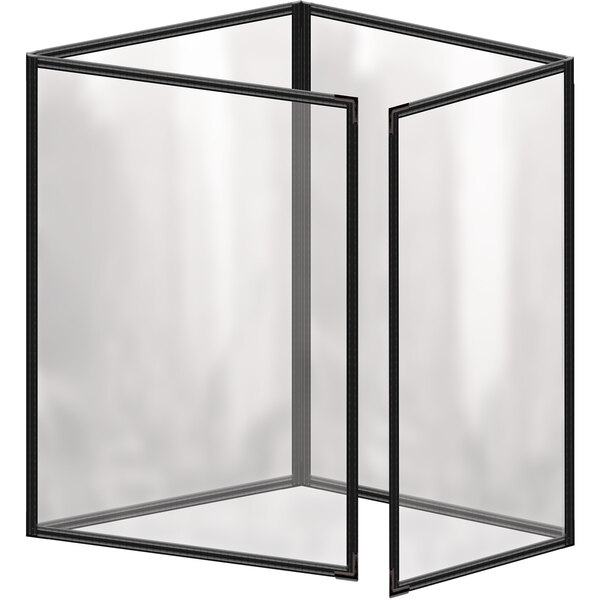 A black rectangular vinyl menu cover with a white background and black corners on a white table.