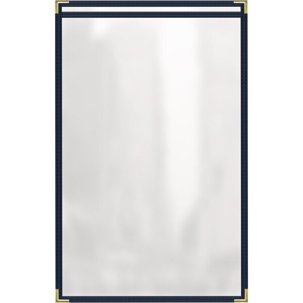 A white rectangular menu cover with a blue background and gold trim.