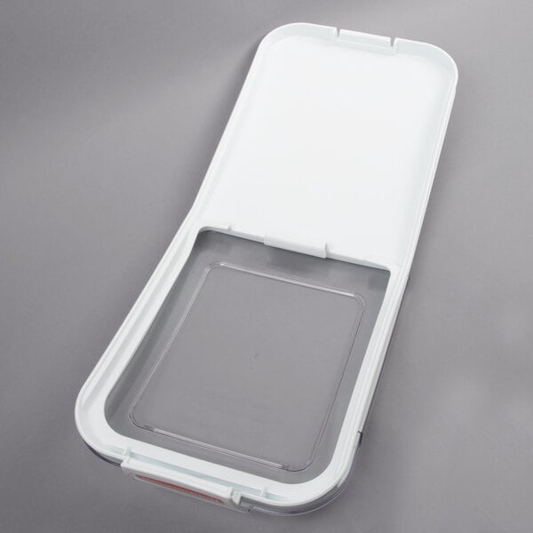 A Rubbermaid clear sliding lid for a white rectangular container.
