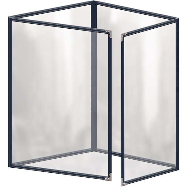 A white rectangular menu cover with a clear surface and black corners.