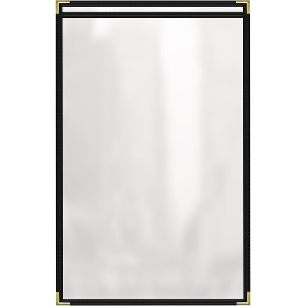 A black vinyl menu cover with gold corners and a white screen with black border.