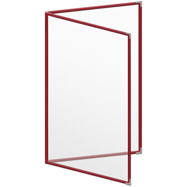 A red menu cover with clear plastic inserts and silver decorative corners.