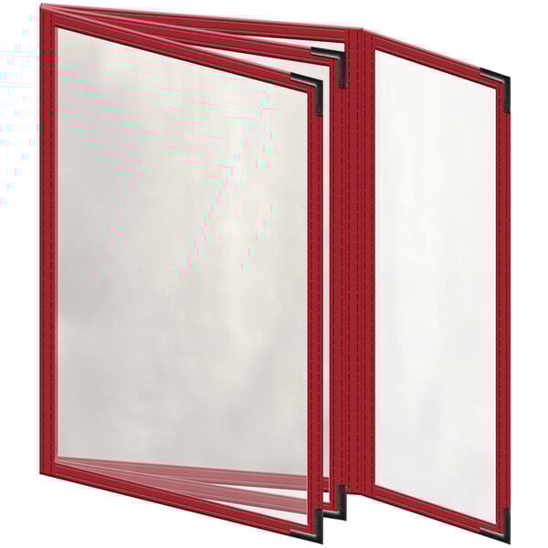 A red rectangular H. Risch, Inc. menu cover with clear plastic panels.
