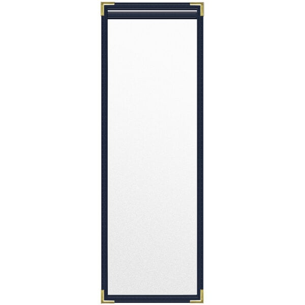 A rectangular white menu cover with a gold border.