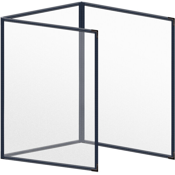 A blue vinyl menu cover with black corners and a matte finish.