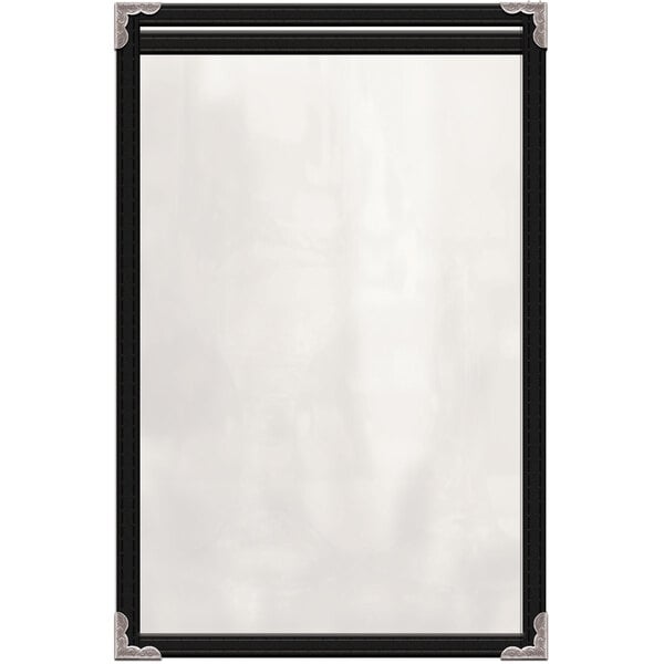 A black rectangular menu cover with silver corners and black edges.