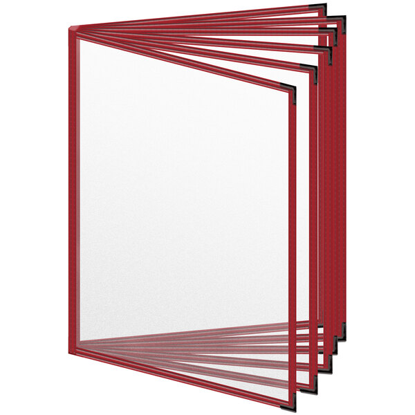 A group of red H. Risch, Inc. vinyl menu covers with black smooth corners and matte finish with white pages.
