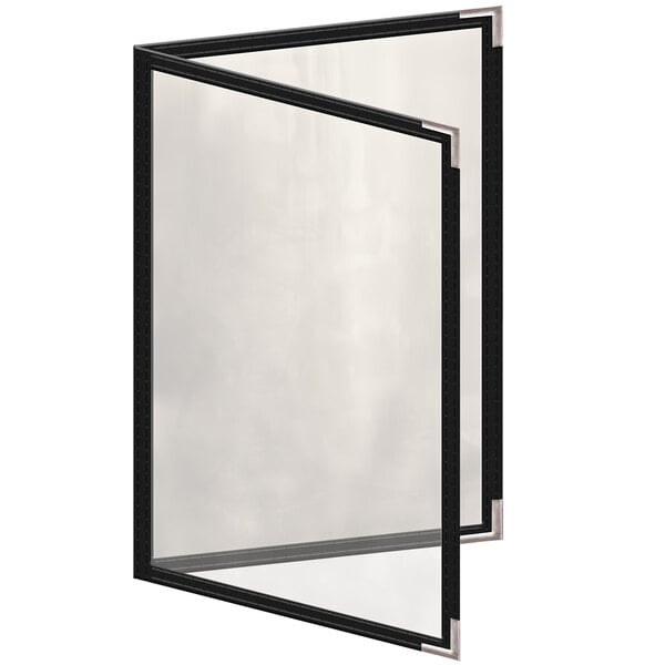 A black menu cover with silver corners on a white background.