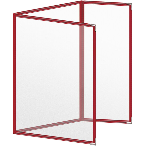 A white rectangular menu cover with red corners and a red frame.