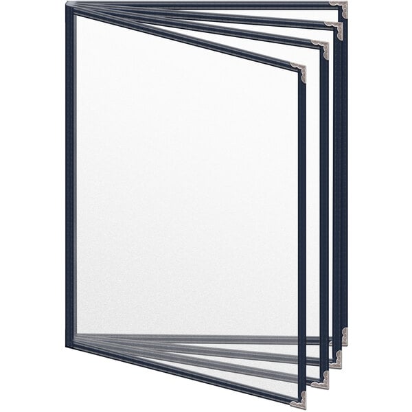 A blue menu cover with silver decorative corners and a matte finish.