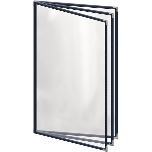 A blue vinyl menu cover with silver decorative corners and a clear view of a menu.