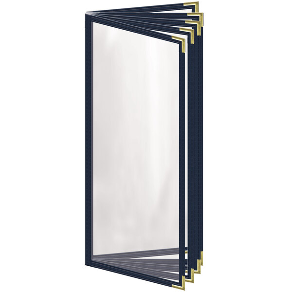 A blue H. Risch, Inc. vinyl menu cover with gold smooth corners and a gloss finish with ten views.