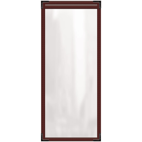 A rectangular maroon vinyl menu cover with black corners and a gloss finish on a white background.
