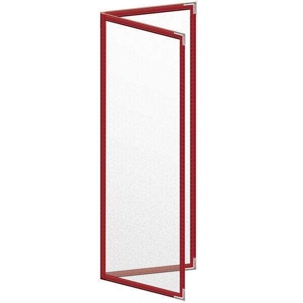 A red rectangular menu cover with a matte finish and silver corners on a white background.