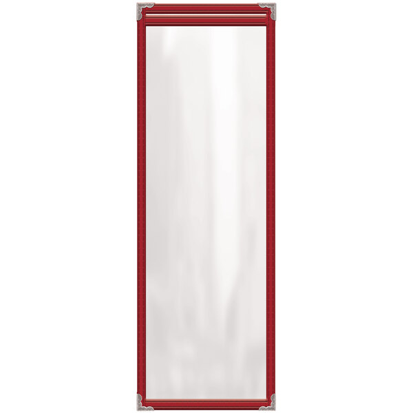 A red rectangular menu cover with silver decorative corners and a gloss finish.