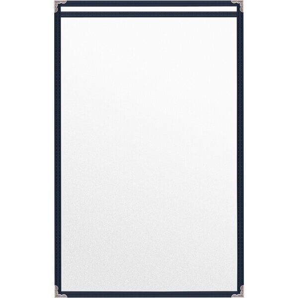 A white rectangular menu cover with a blue border.