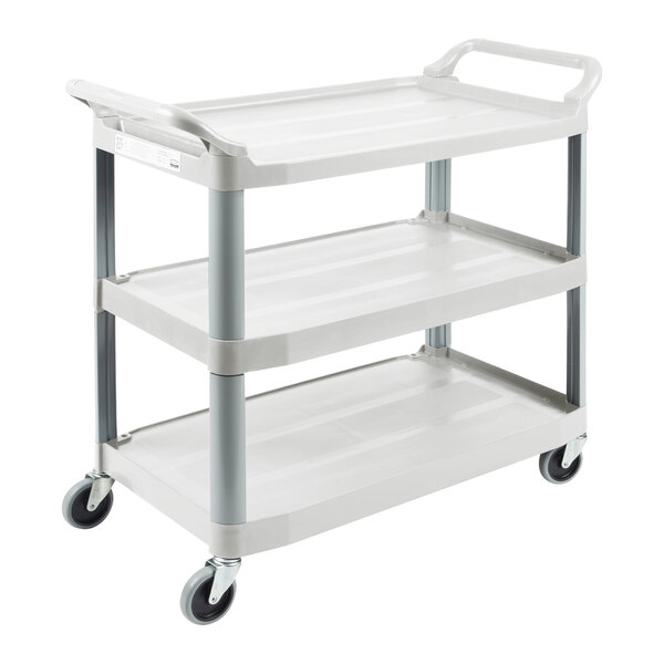 A white Rubbermaid utility cart with three shelves.