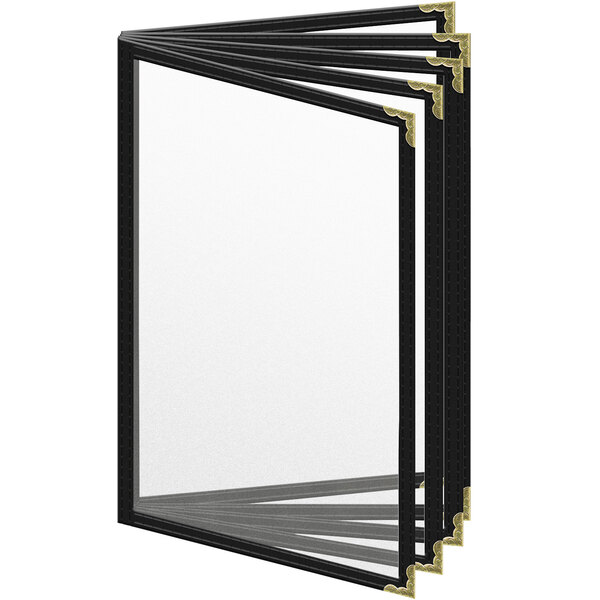 A black vinyl menu cover with gold decorative corners.