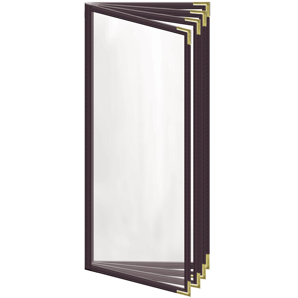 A rectangular brown menu cover with gold smooth corners and a glossy finish.