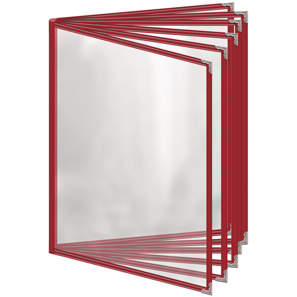 A stack of red rectangular H. Risch, Inc. menu covers with white borders.