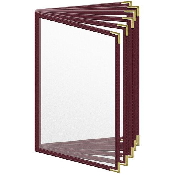 A group of maroon H. Risch, Inc. menu covers with gold corners.