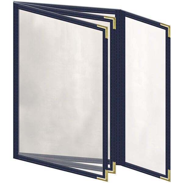 A white rectangular menu cover with a blue border and gold trim.