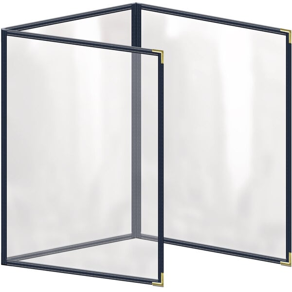 A white rectangular menu cover with a black border and gold corners.