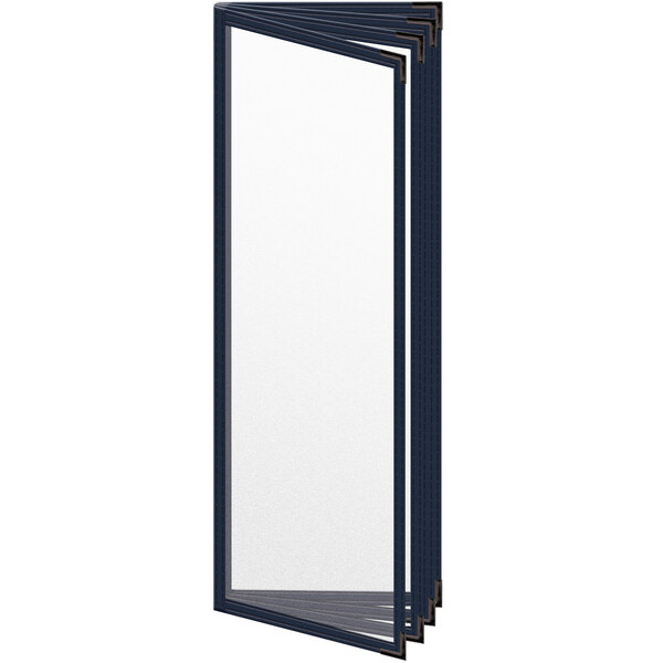 A black rectangular menu cover with a white rectangular window and black corners.