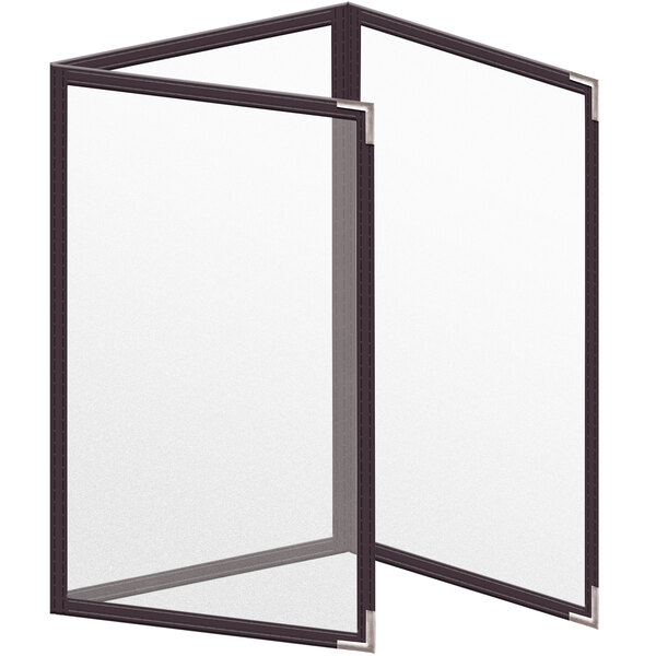A brown rectangular menu cover with a white rectangular view and silver corners.