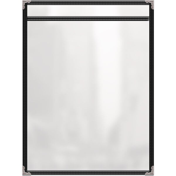 A white rectangular object with a black frame holding a menu.