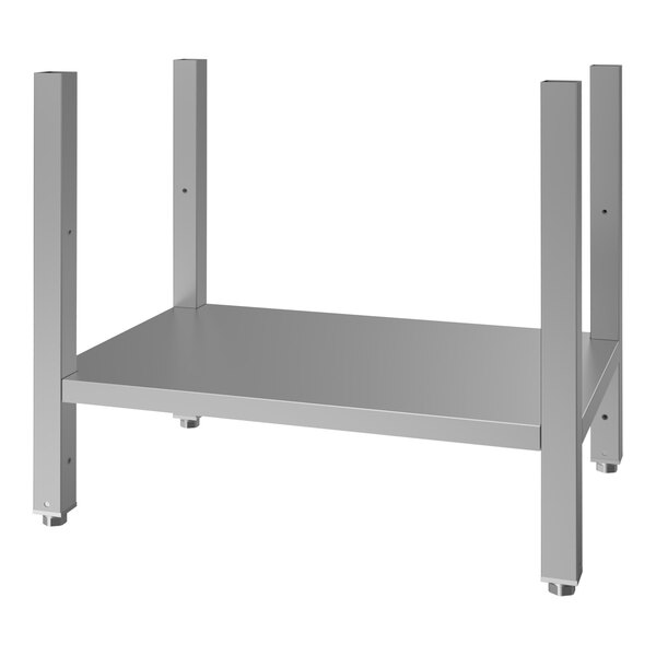 A stainless steel equipment stand with an undershelf and casters designed for supporting griddles.