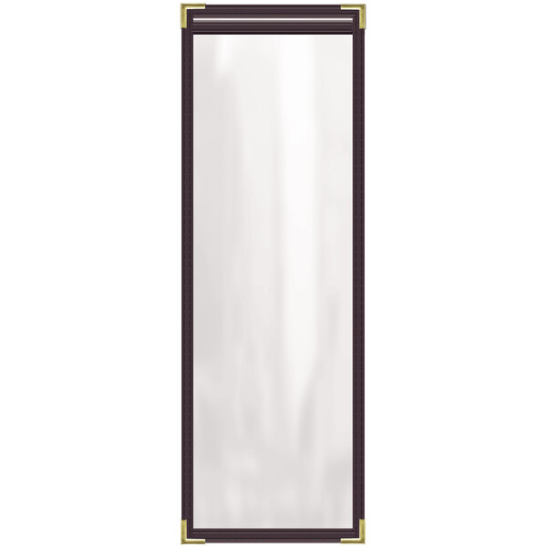A rectangular brown vinyl menu cover with gold corners and a gloss finish.