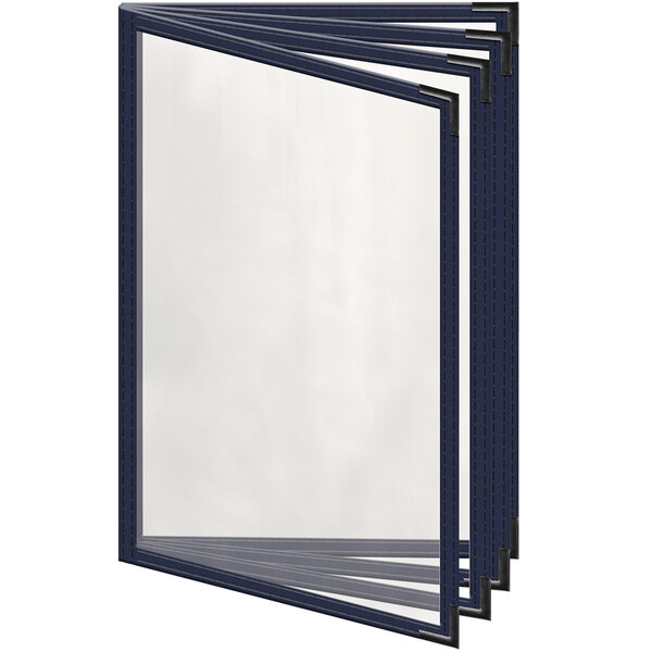 A stack of three H. Risch, Inc. blue menu covers with black smooth corners and gloss finish.