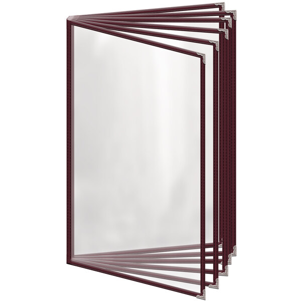 A stack of clear maroon rectangular vinyl menu covers with silver decorative corners.