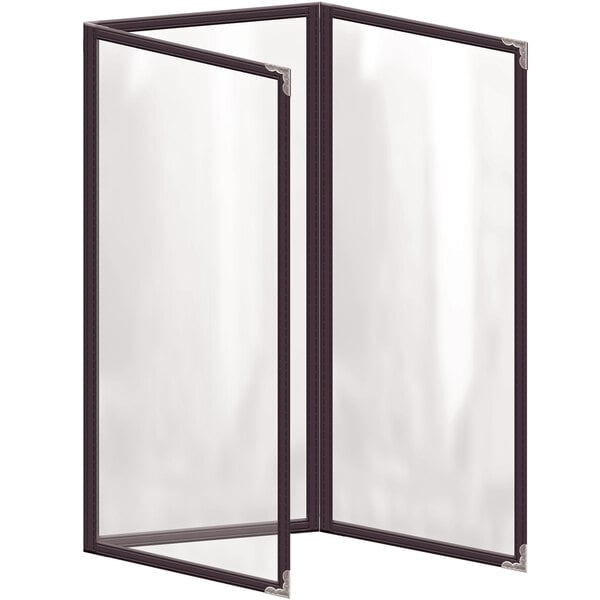 A brown rectangular vinyl menu cover with black and silver decorative corners.