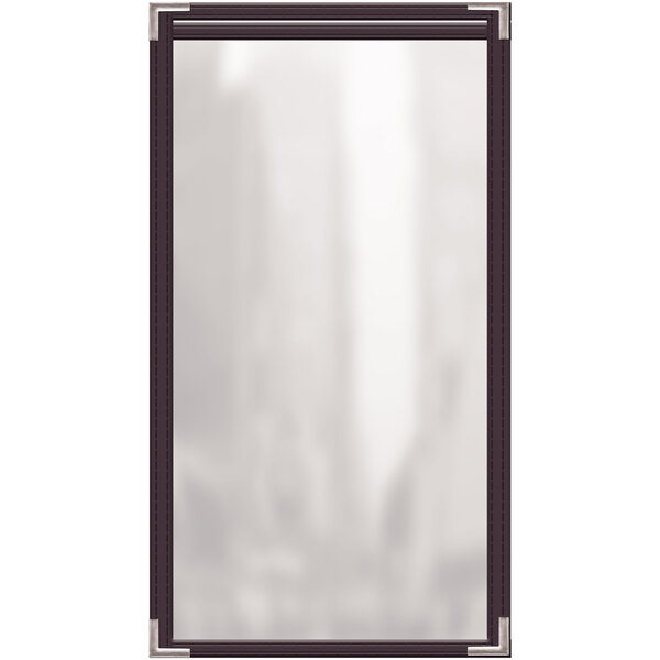 A white rectangular menu cover with black border and metal corners.