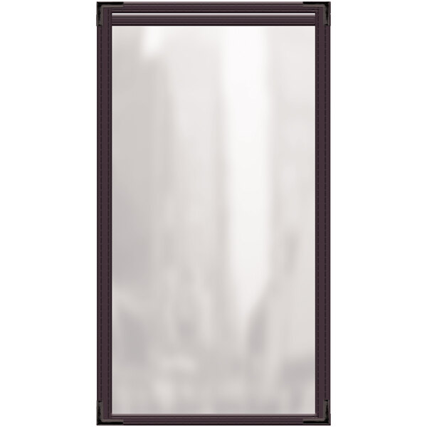 A rectangular brown vinyl menu cover with black smooth corners and a glossy finish with white inserts.
