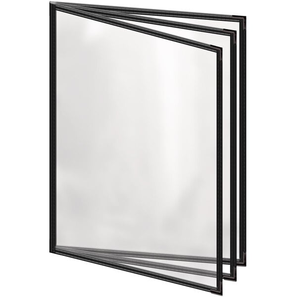 A black H. Risch, Inc. vinyl menu cover with black smooth corners and gloss finish displaying a menu.