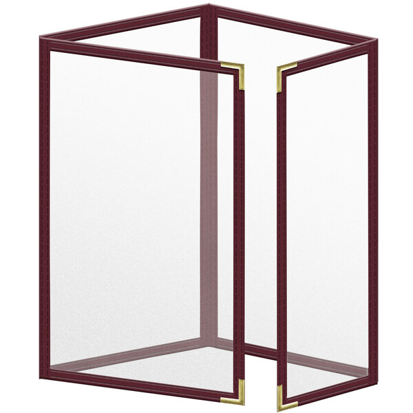 A maroon vinyl menu cover with gold corners and matte finish.