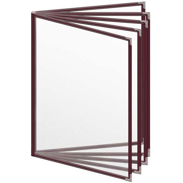 A group of H. Risch, Inc. maroon vinyl menu covers with silver decorative corners.